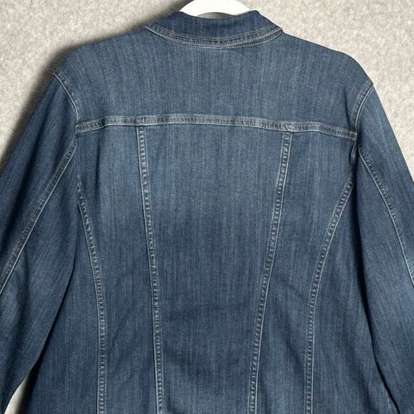 Chicos Sz 2P, 12 Elongated Denim Jacket Stretchy Comfy Utility Chore Lagenlook - Picture 11 of 12